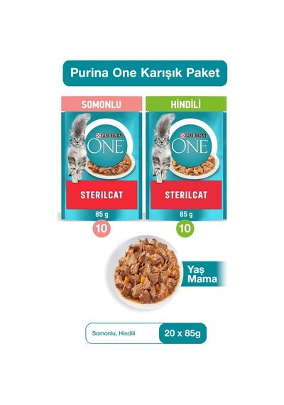 Purına One Sterilcat Yaş Kısırlaştırılmış Kedi Maması 20'li Karma Paket Somon 10x85g, Hindi 10x85g
