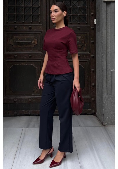 Bordo Kadın Bisiklet Yaka Belden Oturtmalı Basic Tişört Mg2670 Bordo