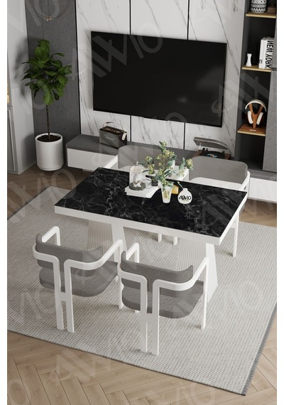 Avvio Lucas Lake Mdf Ayak Tokyo Demonte Sandalye 80x120 Yemek Masası Mutfak Masası 4 Kişilik Siyah Mermer