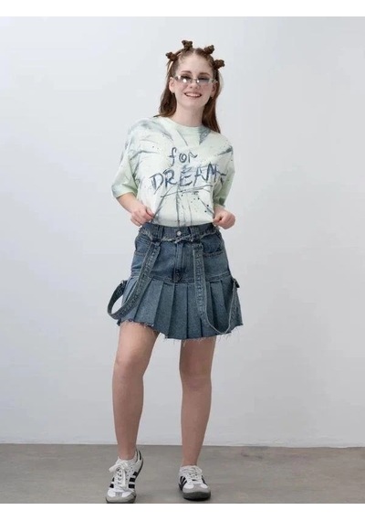 Kız Çocuk Askılı Pileli Tasarım Denim Etek-15535 Mavi