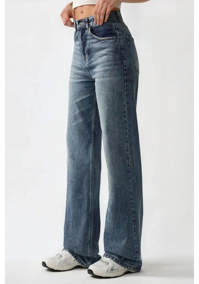Hiccup Yüksek Bel Düz Paça Kot Pantolon Orta Mavi Denim