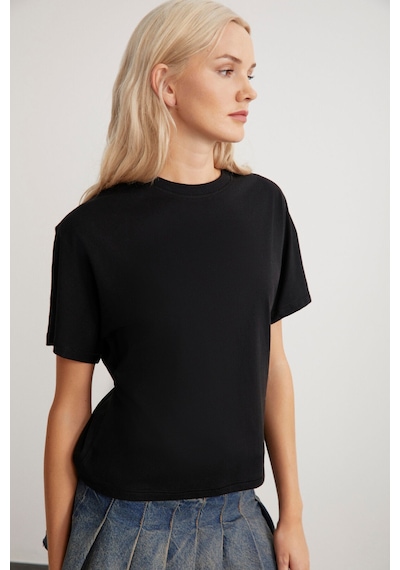 Grimelange Lottıe Kadın %100 Organik Pamuklu Regular Kalıp Bisiklet Yaka Basic Kısa Kollu Siyah T-shirt