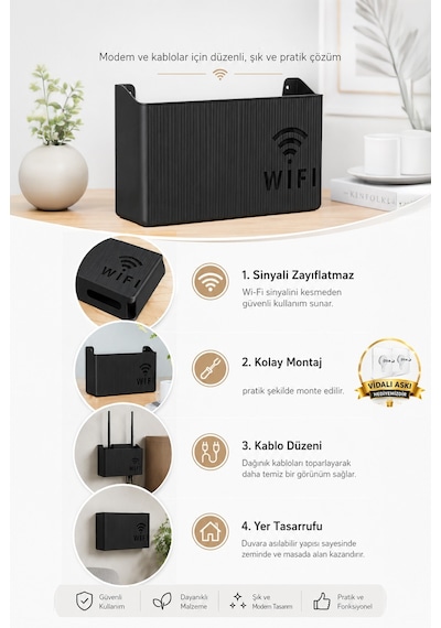 Duvara Asılabilir Wifi Vidalı Askı Yapışkanlı Modem Kutusu WiFi Router Rafı 25x15x6cm