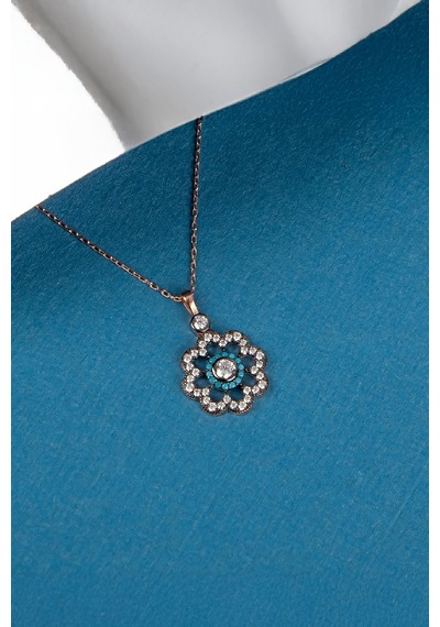 925 Ayar Gümüş Firuze Ve Zirkon Taşlı Rose Çiçek Motifli Bayan Kolye - 50 CM