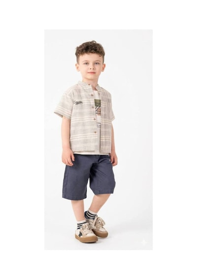 Süslü Kids Erkek Çocuk Hakim Yaka Çizgili Lüx/şık Gömlek/tişört/şortlu Takım Bej