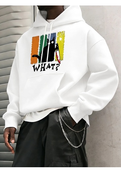 Startmore Tarzsokak Doubtful Cat Handing Knife Prints Casual Warm Hoody Men Trendy Loose Sweatshirts Basic Simple Beyaz
