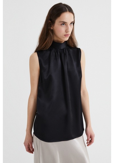 Stella Pulvis Siyah Drape Yaka Kolsuz Saten Bluz 001