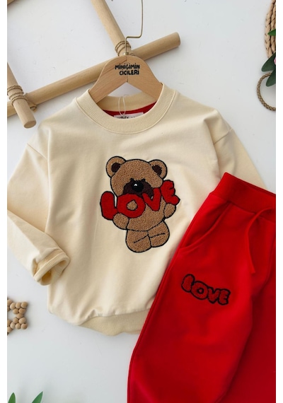 Miniğimin Cicileri Love Bear Panç İşleme Detaylı Erkek Çocuk Takım - Kırmızı