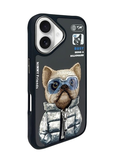 Apple Uyumlu iPhone 16 3d Gerçek Nakış İşleme Gözlük Ve Fermuar Detaylı Bulldog Telefon Kılıfı Şeffaf