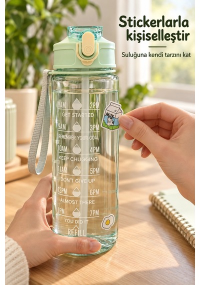 Madamev 3lü Motivasyonel Suluk Matara Seti 2000+750+280ml Pipetli Sticker Askılı Spor Okul Su Şişesi Çok Renkli