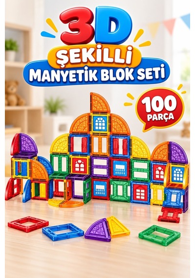 100 Parça Mıknatıslı Yapı Blokları Geometrik Şekilli 3 Boyutlu Manyetik Eğitici Oyuncak Seti