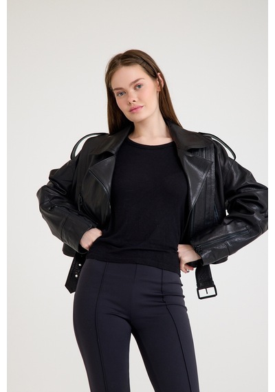 Oversize Bayan Deri Ceket Vb-16-bk-2796-24024 Siyah