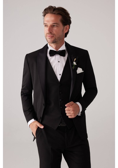 Ysf Erkek Siyah Mono Yaka Slim Fit Yelekli Damatlık