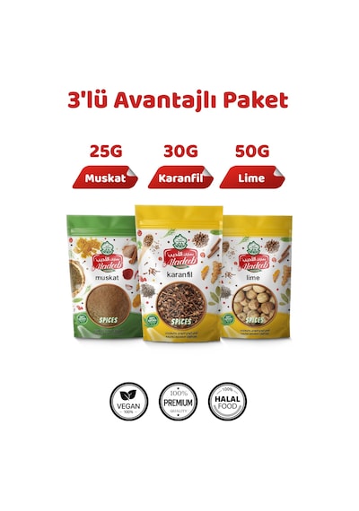 3'lü Gurme Baharat Seti Kurutulmuş Limon Lime 50g Muskat 25g Tane Karanfil 30g
