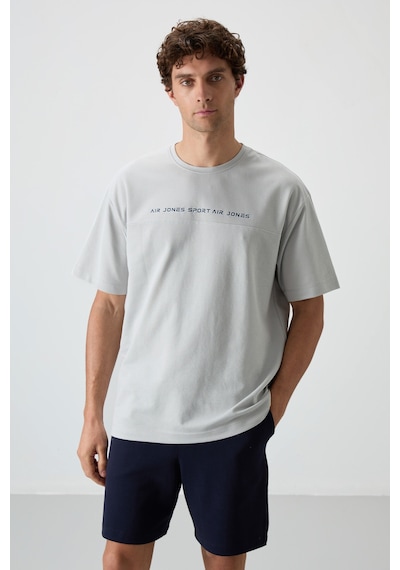 Air Jones Tommy Life Taş Pamuklu Kalın Yüzeyi Dokulu Oversize Fit Baskılı Erkek T-shirt - 88371 Taş