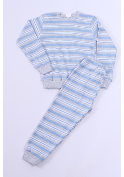 Hçm Erkek Çocuk Pijama Takımı Çizgili Ribanalı A35 Mavı