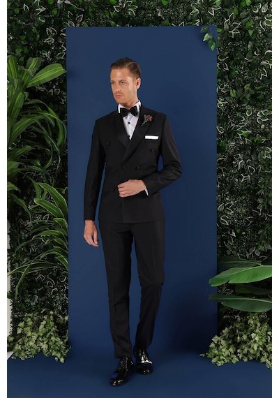 Efor Black 071slim Fit Çıkarılabilir Saten Yaka Kruvaze Siyah Damatlık Smokin Takım Siyah