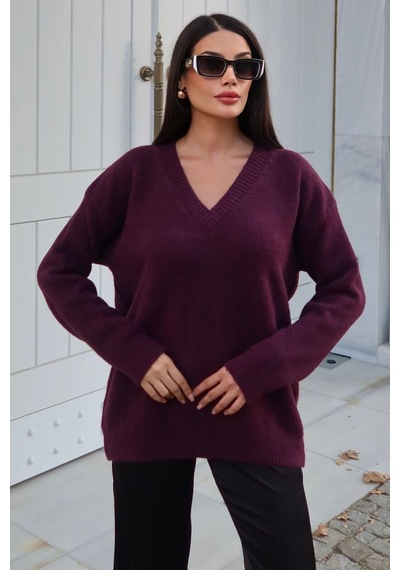 Kechi Woman V Yaka Oversize Triko Kazak Bordo