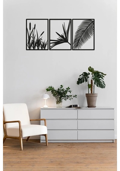3'lü Lazer Kesim Dekoratif Ahşap Sazlık Tablo - 98x25 Cm Her Biri 18x25 Cm
