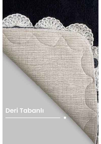 Gülruba Köşeli Siyah Çeyizlik Dantelli 2'li Banyo Paspası Seti Kaymaz Tabanlı Klozet Takımı