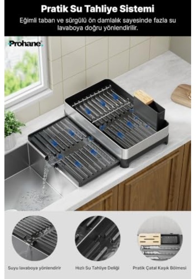 Inox Master Kd200 Kompakt Genişletilebilir Bulaşıklık 304 Paslanmaz Çelik Su Tahliyeli Tezgah Üstü Kurutmalık 50 x 22