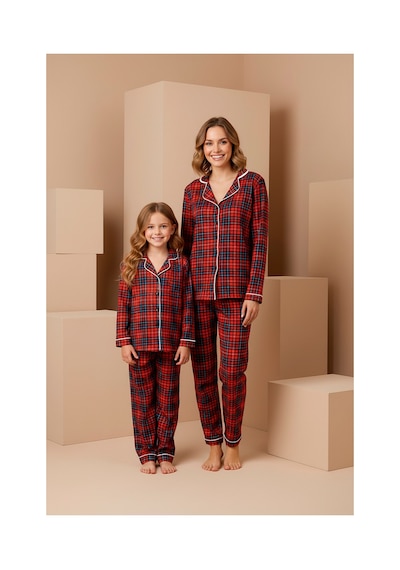 Rindahomewear Anne-kız Kırmızı Ekose Desenli Örme Düğmeli Uzun Kollu Pijama Takımı Kırmızı