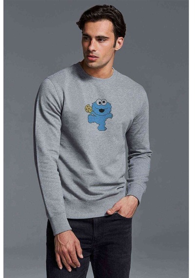 Kurabiye Canavarı Elmo Küçük Baskılı Gri Erkek Örme Sweatshirt