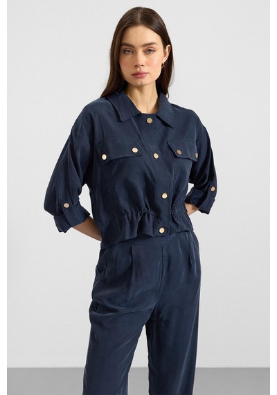 Olcay Metal Çıtçıtlı Crop Modal Ceket Lacivert 8285