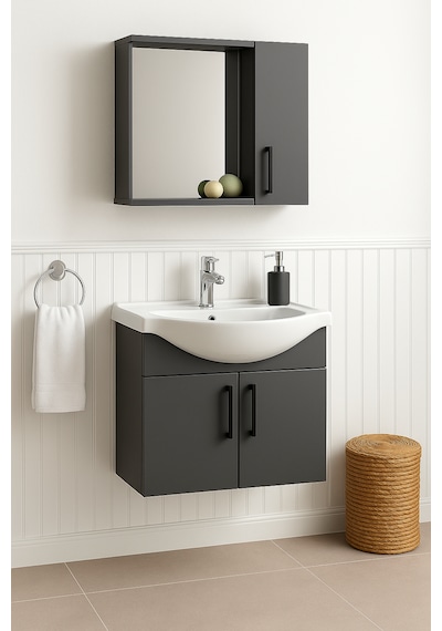 Lacrime 65 Cm Antrasit Renkli Mdf, Oval Seramik Lavabolu, Alt Ve Antrasit