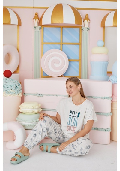 Sevim Kadın Büyük Beden Kısa Kol Bej Melanj Pijama Takım C4t7n651 001