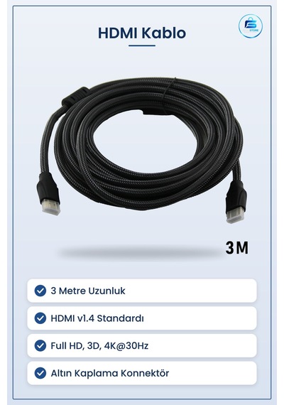 Hdmı V1.4 Kablo 3 Metre Örgülü Altın Kaplama Full Hd 3d 4k 30hz T