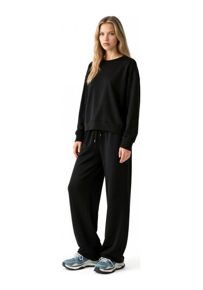 Hiccup Modal Touch Basic Sweatshirt & Geniş Paça Pantolon İkili Takım Siyah