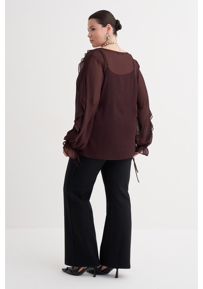 Myline Fırfır Detaylı Şifon Bluz-6219 Bordo