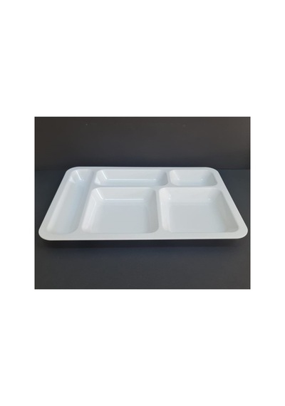 %100 Kırılmaz 12'li Melamin 5 Bölmeli Tabldot Yemek Servis Tabağı - 40x28 Cm Beyaz Beyaz