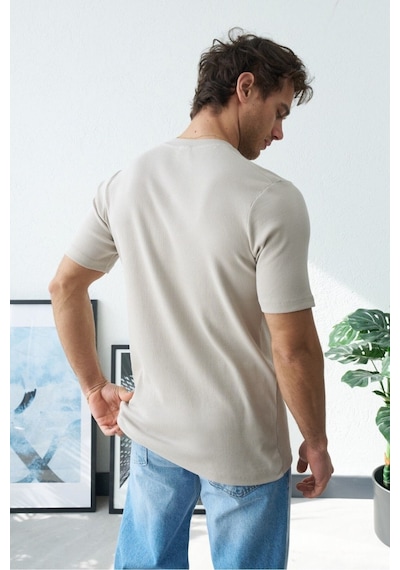 Baselco Premium Henley Yaka Beyaz T-shirt - Rib Dokulu Modern Fit Bej