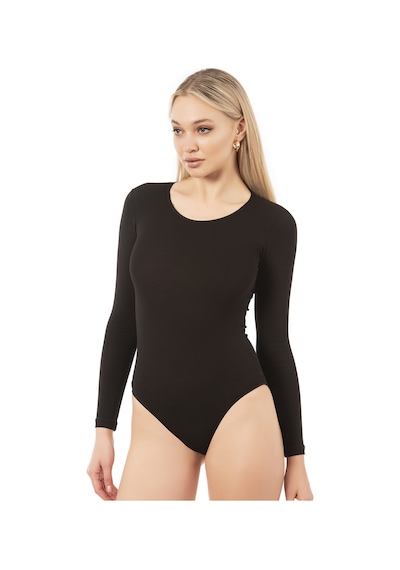 Özkan Underwear Özkan 0600 Kadın Pamuklu Likralı Süprem Uzun Kollu Yuvarlak Yaka Kancalı Çıtçıtlı Örme Body Siyah