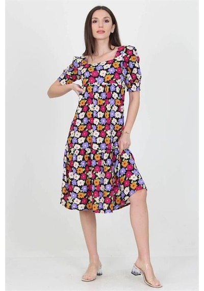 Dip Moda Kadın Kare Yaka Çiçek Desenli Viskon Elbise Dpnb10026 Lila