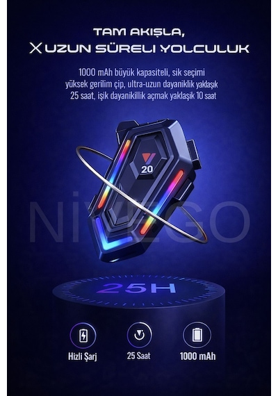 Nivego Motosiklet İntercom Kask Kulaklık Bt5.3 Stereo Rgb Işıklı Bluetooth Su Geçirmez Kulaklık