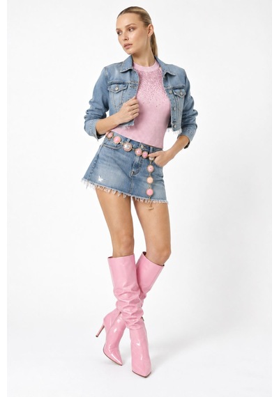 Neden Tekstil Kadın Taşlı Fitilli Halter Yaka Crop Bluz - Açık Pembe