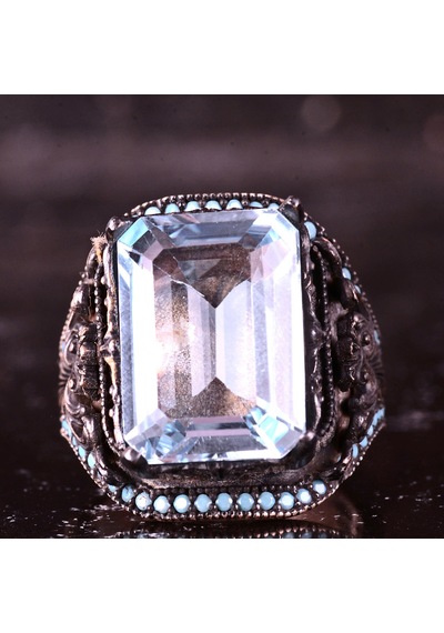 Kambo El Yapımı 925 Ayar Gümüş Mavi Topaz Taşlı Erkek Yüzük - 18 Gr