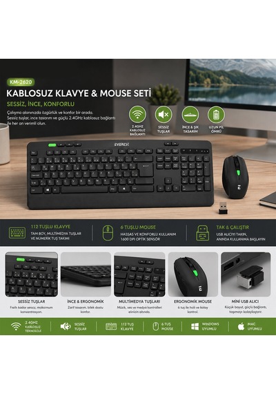 Kablosuz Klavye - Mouse Seti Siyah Usb - Sessiz - Switch Q Klavye Km-2620 5570