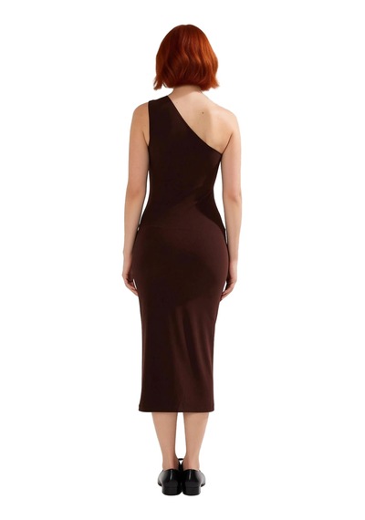 Ersefa Bodycon Midi Elbise Kolsuz Tek Omuz Örme Kumaş Günlük Şık Dayanık Kahverengi