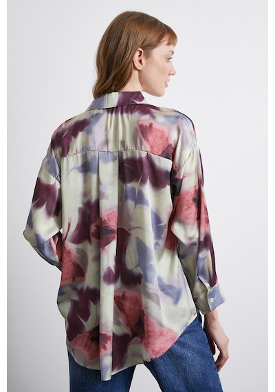 Never More Batik Desen Saten Gömlek Lila Lila