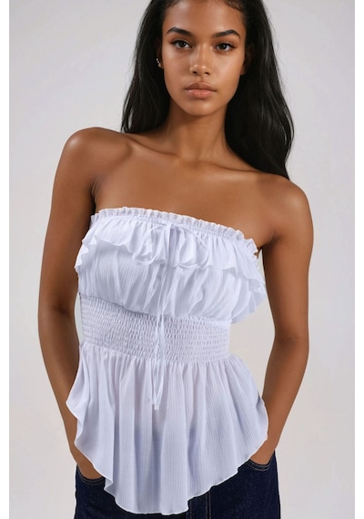 Hiccup Fırfırlı Ve Dokulu Bandeau Top Beyaz