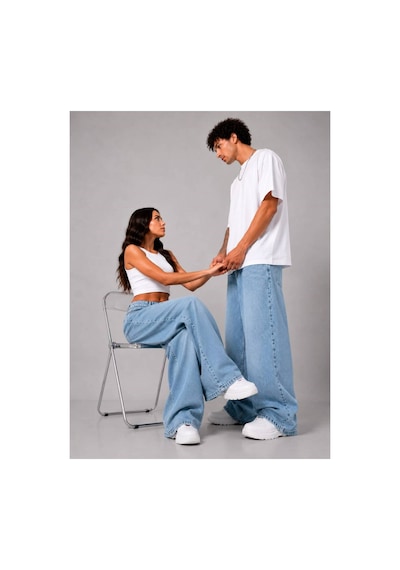 Kar Yıkama Unisex Baggy Jean Pantolon Mavi