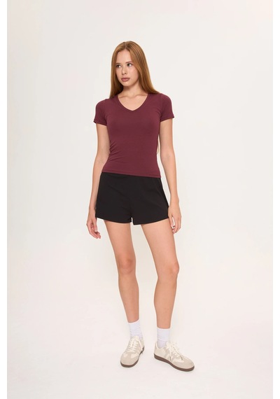 Zoor Ultra Soft Penye Modal V Yaka Kısa Kollu Bluz Bordo