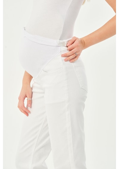 Busa Hamile Esnek Karın Bantlı Beli Ayarlanabilir Mom Fit Kot Pantolon Beyaz-beyaz