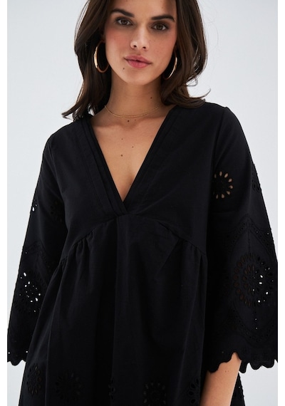 Peraluna Hiromi Dress %100 Pamuk 3/4 Kol Diz Hizası Yazlık Kadın Siyah