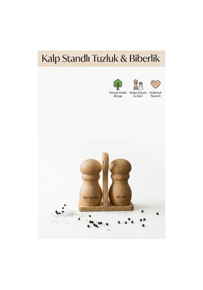 Kamptek Ahşap Bambu Tuzluk Ve Biberlik Seti - Kalp Standlı Tasarım Dekor Sunum Tuzluk Biberlik Turuncu