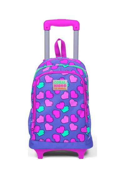 Coral High Kids Lavanta Pembe Kalp Desenli Işıklı Tekerlekli Üç Bölmeli Çekçekli Sırt Çantası 23359